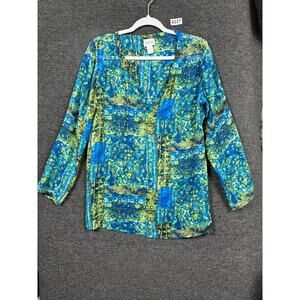 Chico's 100% Silk Blouse Womens Size 0 US 4 Green Blue Artsy Slinky Stretch